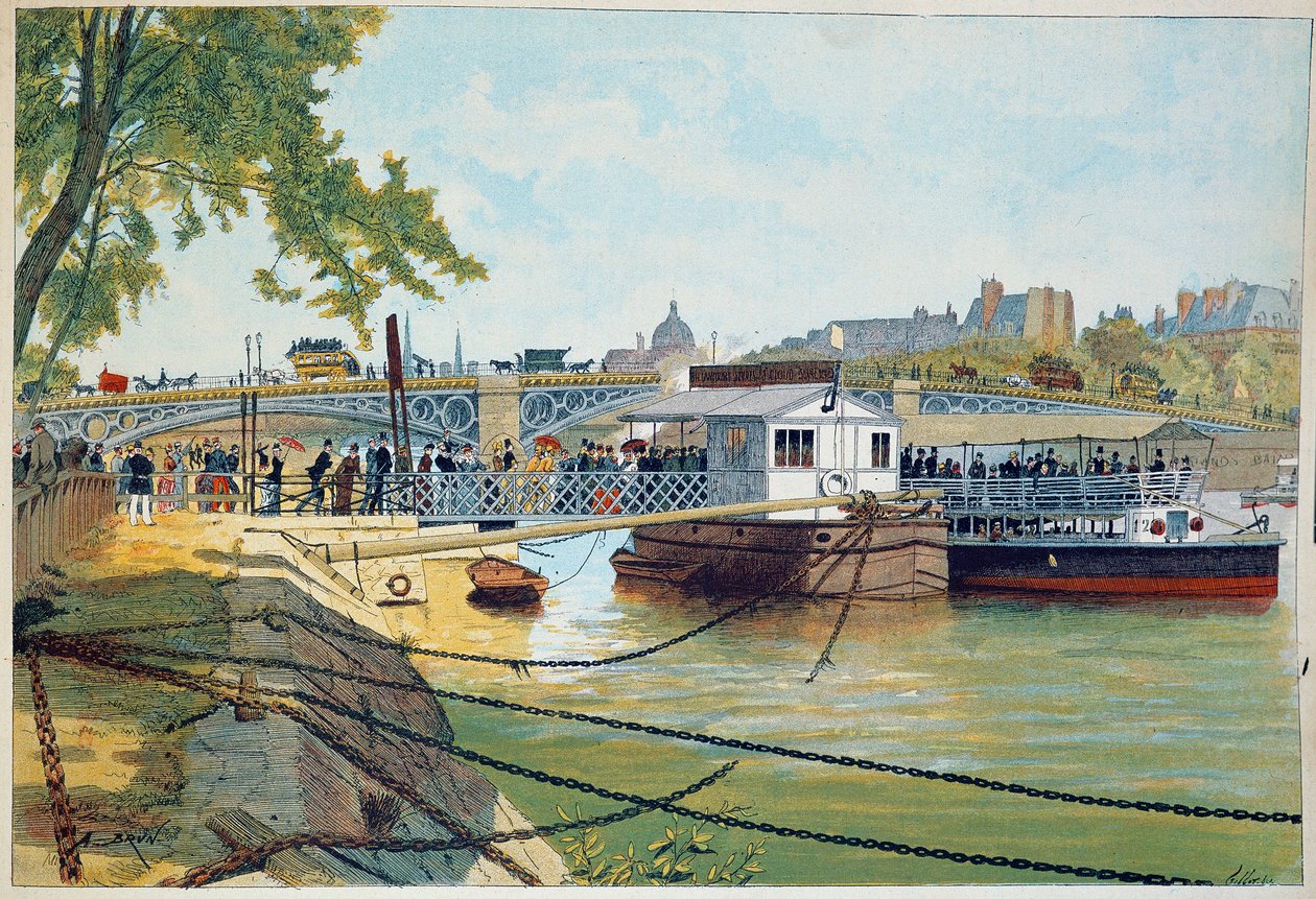 O pontão dos barcos de Suresnes na ponte de Saints Peres. Gravura do século XIX. Paris, Artes Decorativas de French School
