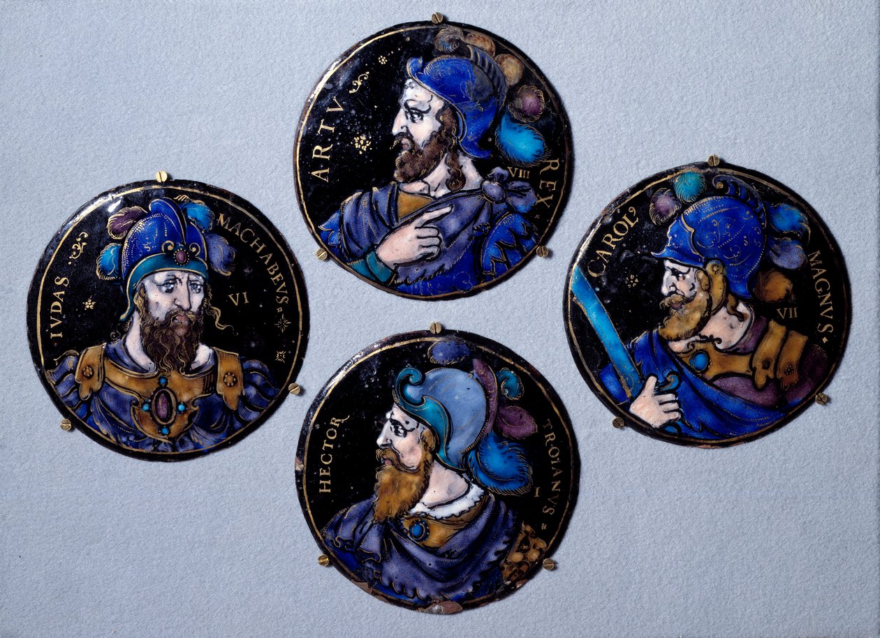 O preux Hector, herói troiano, Judas Macchabee (Maccabee ou Macabee), apelidado de martelo, sucessor de seu pai Matathias (Mathathias, Mattathias) à frente da revolta dos judeus contra a opressão dos Seleucidas, Carlos Magno (742 - 814), de French School