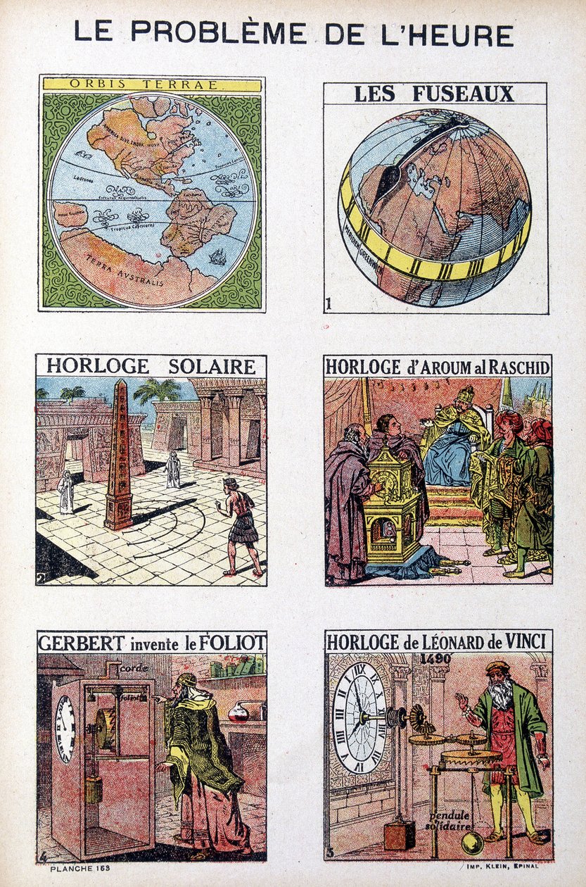 O problema da época: Orbis Terrea, o fuso, relógio solar, relógio de Aroum Al Racshid, Gerbert inventa o Foliot, relógio de Leonardo da Vinci (Leonardo da Vinci) - gravura, deb. Século XX de French School