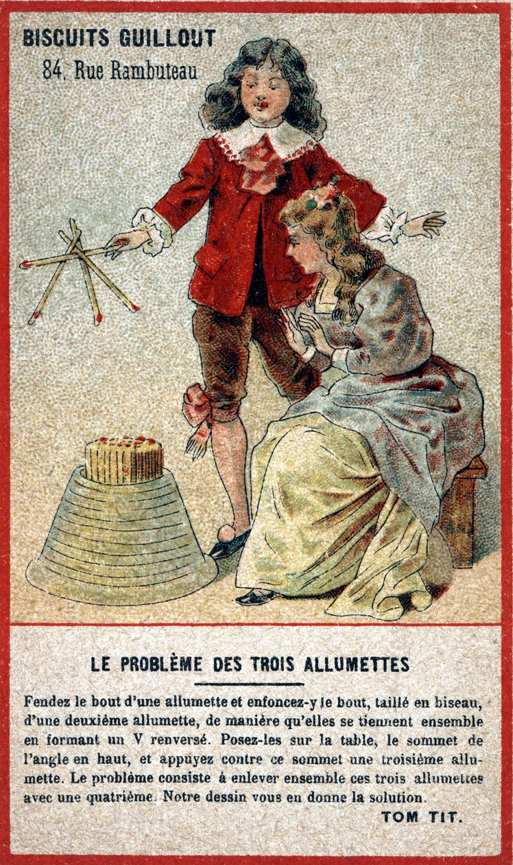 O problema de três partidas: cartão infantil oferecendo um jogo na forma de um quebra-cabeça (adivinhação). A cromolitografia do século XIX. de French School
