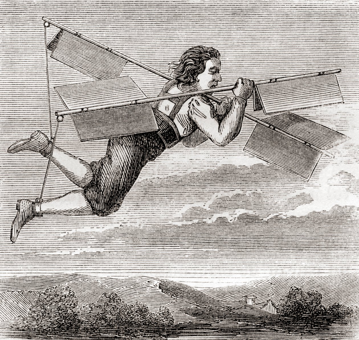 O alegado voo do serralheiro francês Jacob Besnier, com a ajuda de um aparelho voador concebido por ele próprio, em 1678, de "Les Merveilles de la Science", publicado por volta de 1870 (litografia) de French School