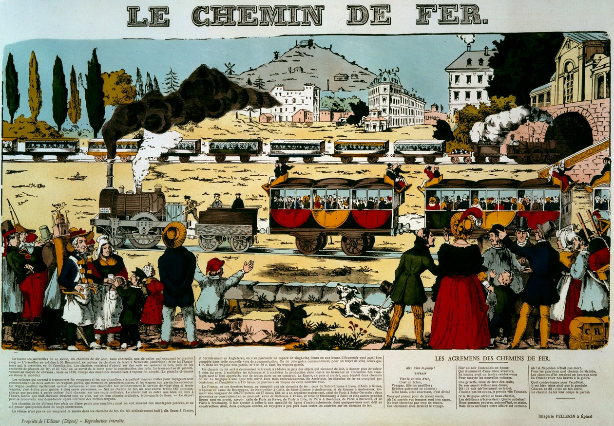 O caminho-de-ferro. Viajantes em vagões de trem saudados pela multidão de espectadores da cena. A gravação. Foto da Epinal de French School