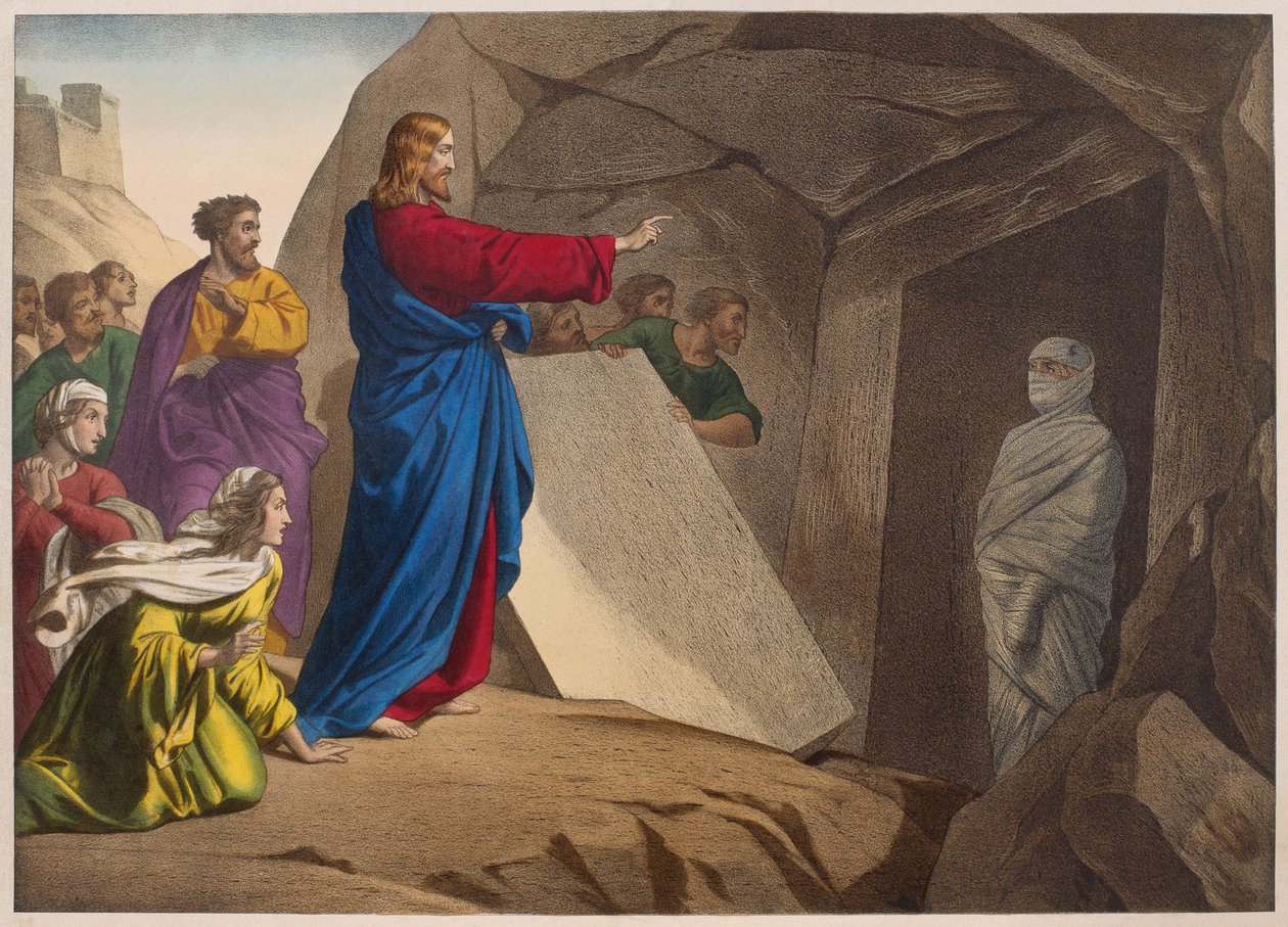 A ressurreição de Lázaro, ilustração de um catecismo LHistoire Sainte, publicado por Charles Delagrave, Paris, final do século XIX de French School