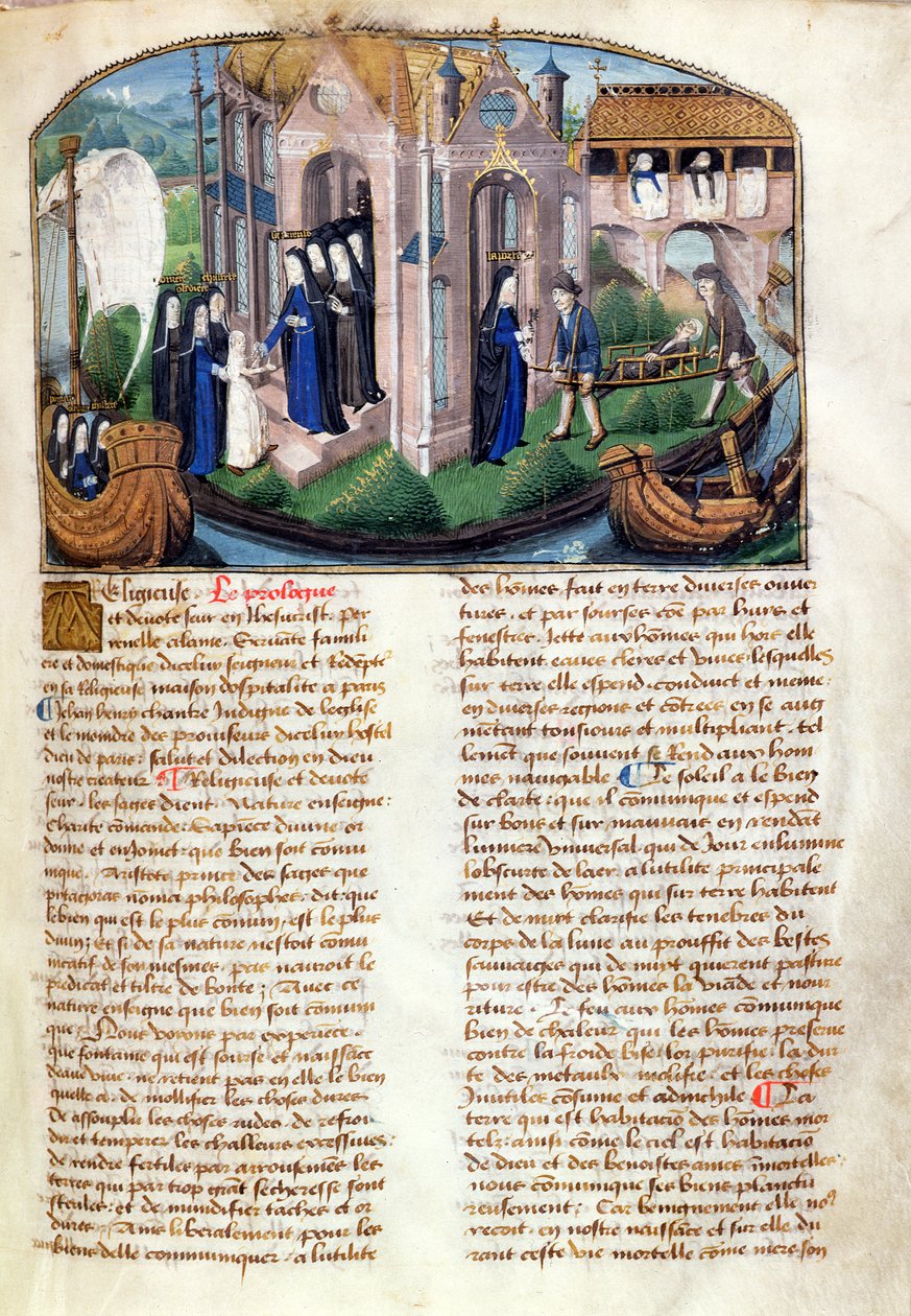 A recepção de um novato e acolhimento de um paciente, do Le Livre de Vie Active do Hotel Dieu de Paris, de Jean Henry, c.1482 (ver também 236790) de French School