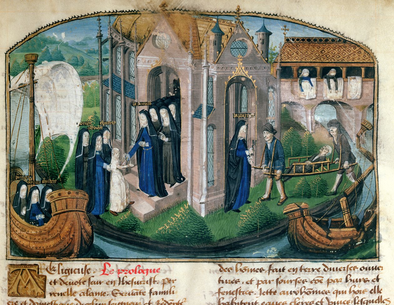 A recepção de um noviço e acolhimento de um paciente, de "O Livro Ativo da Vida do Hotel Dieu de Paris" por Jean Henry, c.1482 de French School