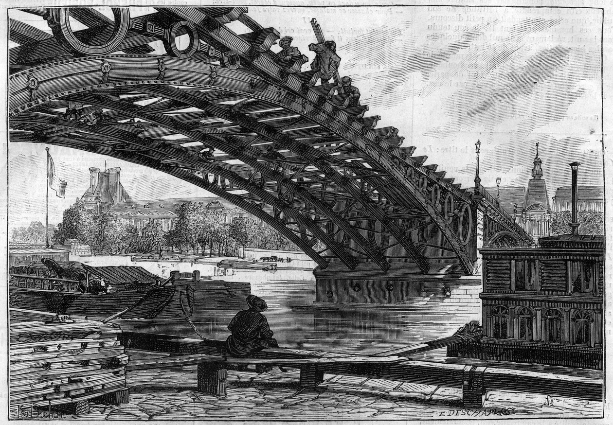 A refecção do tabuleiro da ponte dos Santos Peres (Pont du Carrousel) em 1883 (Saints-Peres) - gravada em "Le journal illustrious". de French School