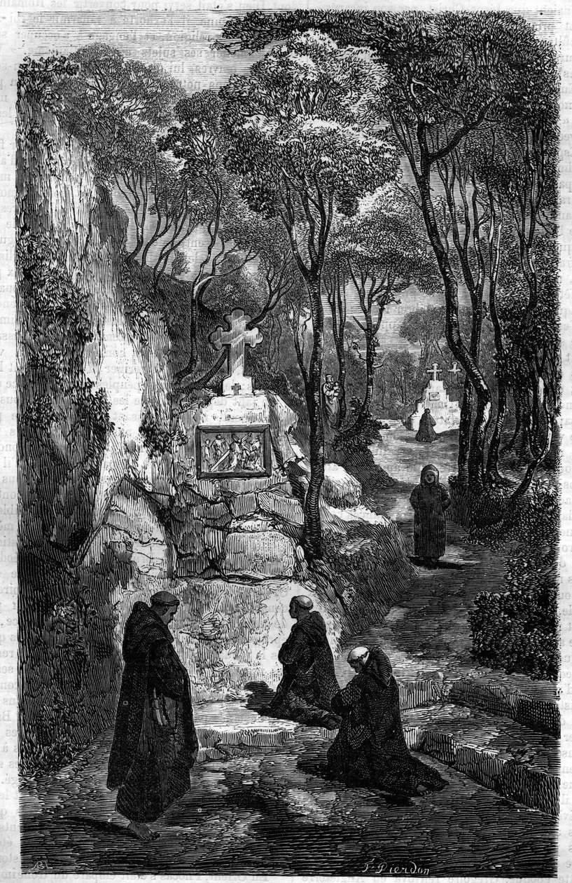 Os religiosos de São Benoît (São Benoît) em oração. Gravação em "Histoire des Papes-Rois-Queen and Empereurs a travessa les centuries" por Maurice Lachatre de French School