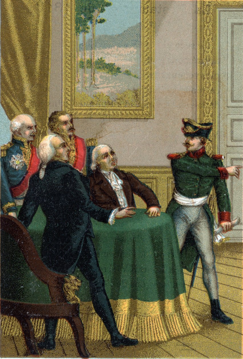 A restauração de 1815: Joseph Fouche, ministro da polícia de Napoleão I, teve um oficial prussiano introduzido na sala onde a Comissão do Governo Provisório liderada pelo rei Luís XVIII a 7 de Julho de 1815. de French School