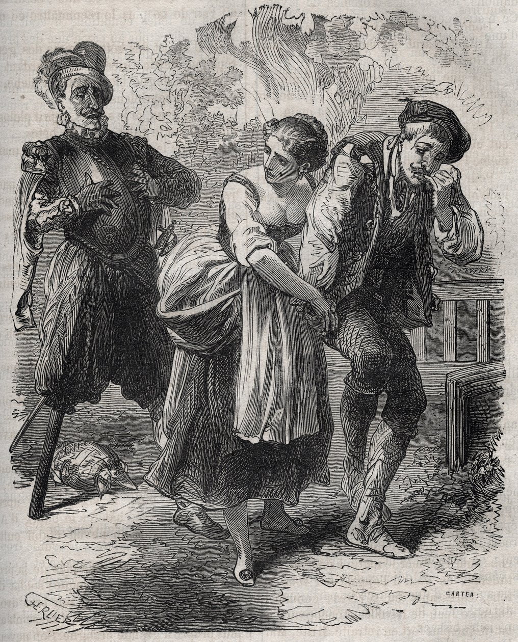 O regresso de Martin Guerre (cerca de 1524 por volta de 1560): apareceu perante a sua mulher, Bertrande de Rols, e aquele que usurpou a sua identidade, o impostor Arnaud du Tilh (Thil). Gravura de 1871 em "Histoire Des Cocus Celebres" de Henry de Kock (181 de French School