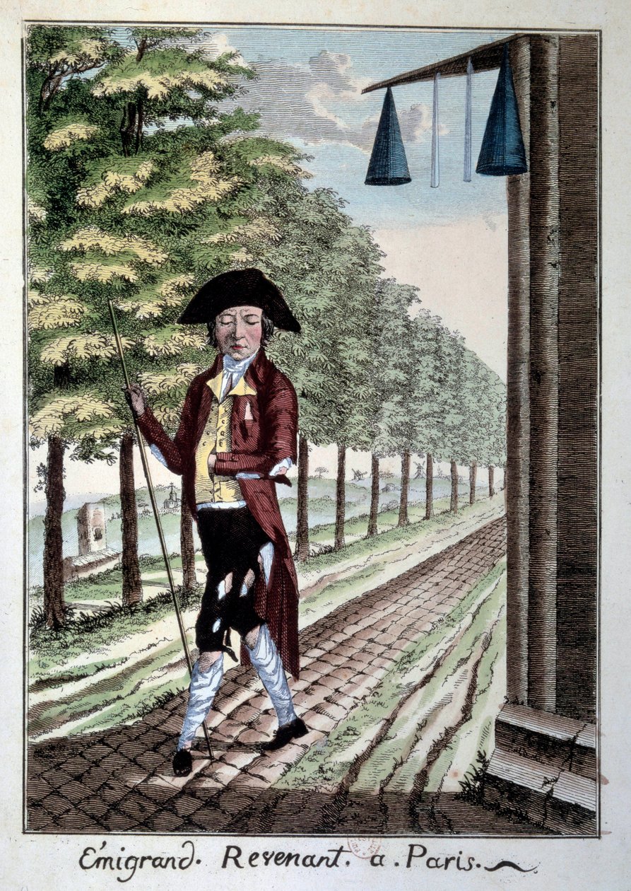 O regresso de um emigrante no final da Revolução Francesa. Um nobre de roupas rasgadas que fugiu da cidade durante a Revolução. Gravura de Paris do século XIX, Museu Carnavalet de French School