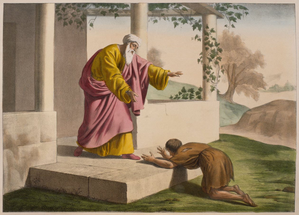 O retorno do filho pródigo, ilustração de um catecismo LHistoire Sainte, publicado por Charles Delagrave, Paris, final do século XIX de French School