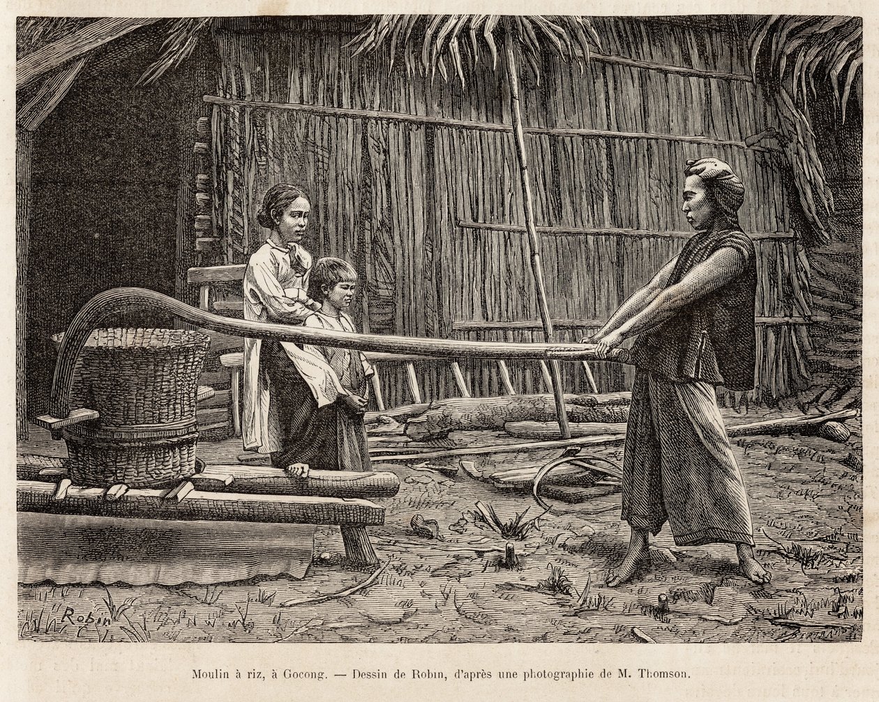 O moinho de arroz, em frente à casa de um agricultor em Gocong, gravado após um desenho de Robin ilustrando a viagem a Cochinchine, pelo Dr. Morice, em 1872, publicado em "Le tour du monde" 1875, editado por Edouard Charton, edição Hachette, Paris. Selva de French School