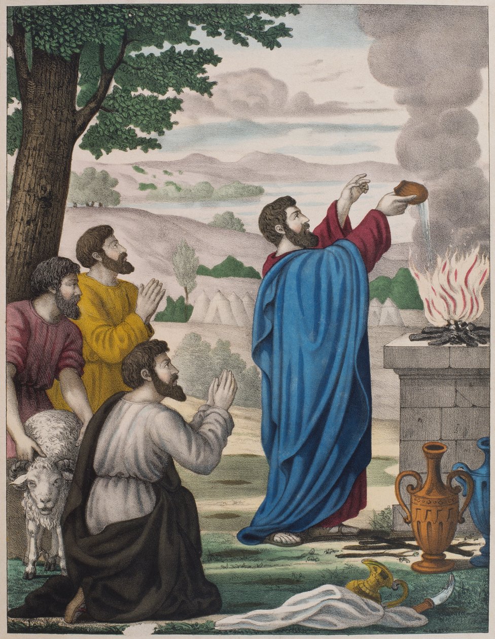 Os sacrifícios rivais de Elias e os sacerdotes de Baal, ilustração de um catecismo LHistoire Sainte, publicado por Charles Delagrave, Paris, final do século XIX de French School