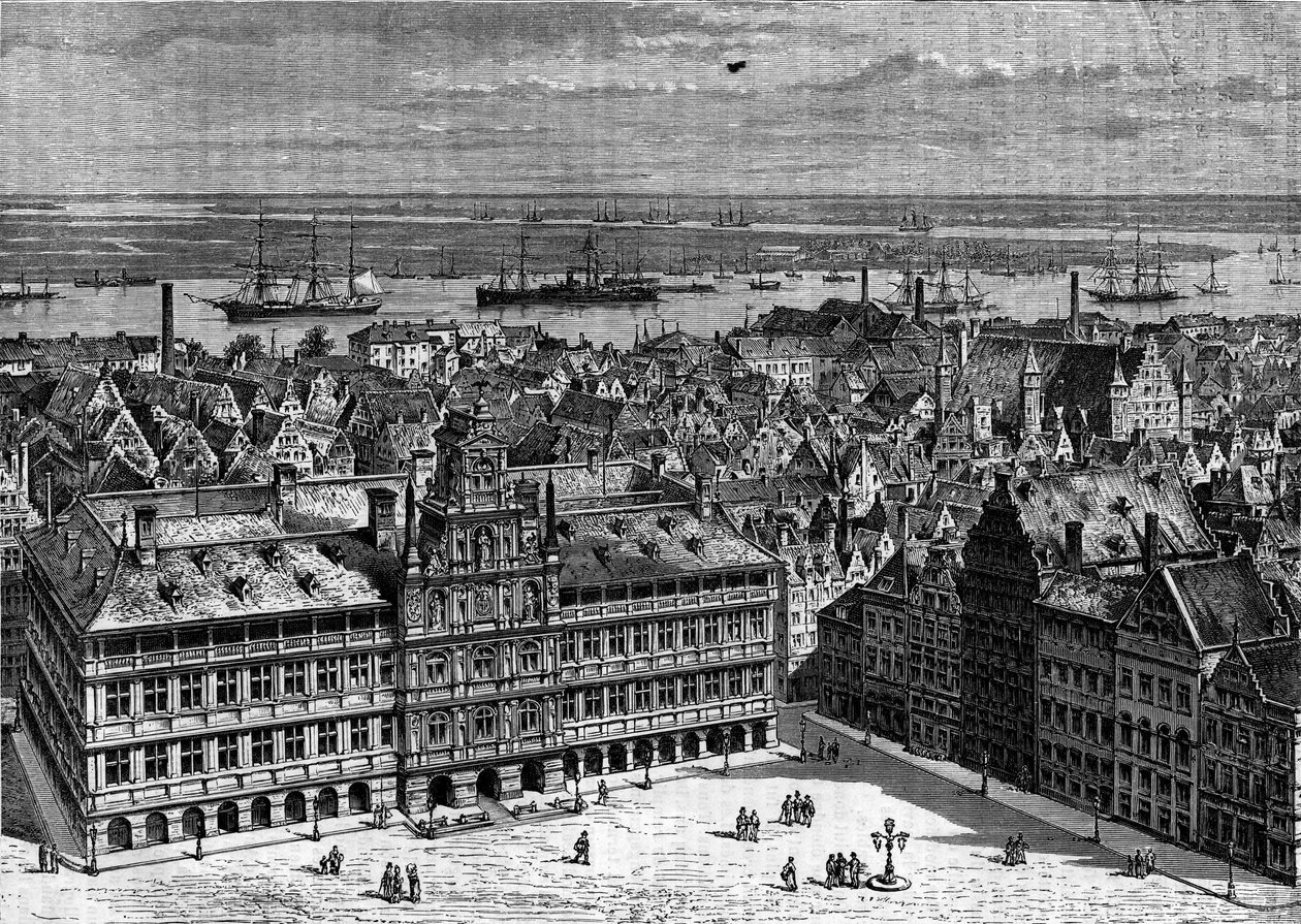 O rio Scheldt visto do porto de Antuérpia, Bélgica. Gravura no "Le Journal de la jeunesse". de French School