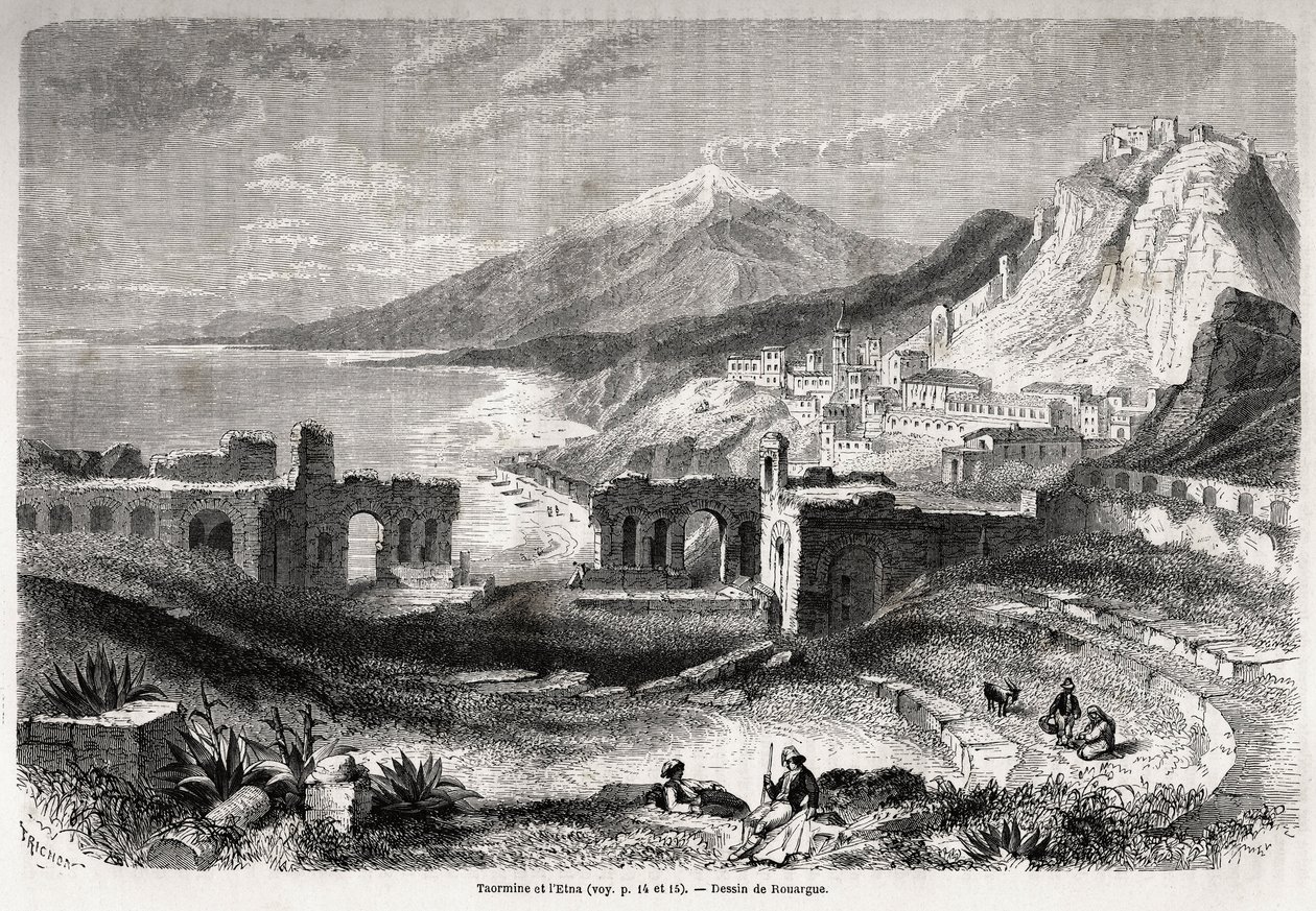 As ruínas do antigo teatro de Taormina (Tauromenium), aos pés do Monte Taurus, com vista para a moderna aldeia de Giardini e o Etna, desenho de Adolphe Rouargue (1810-187?) e Emile Rouargue (ca1795-1865) para ilustrar a viagem de Felix Bourquelot de French School