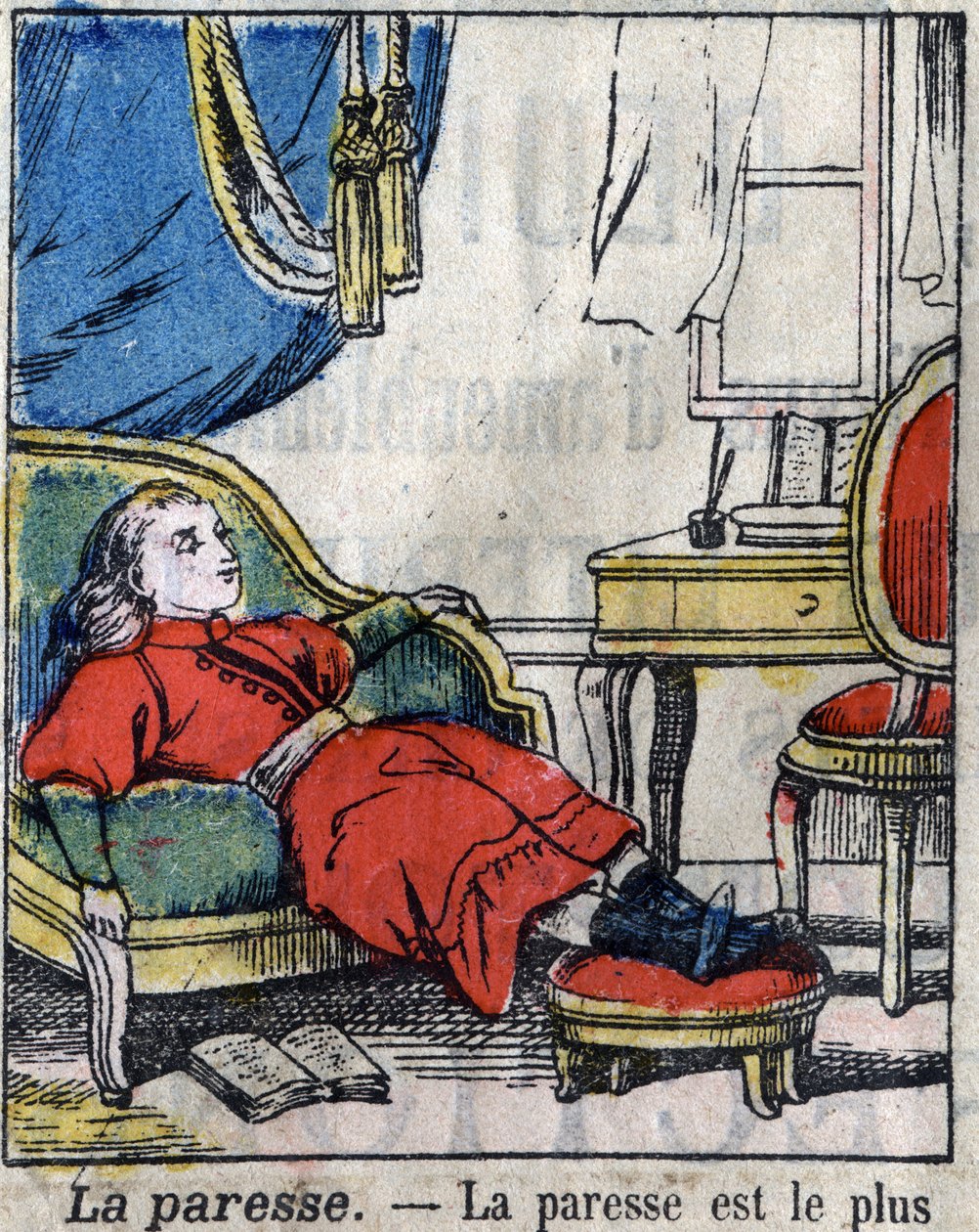 Os sete pecados mortais: a preguiça. Imagens epinais do final do século XIX. (Eu ponho peccati o vizi capitali) de French School