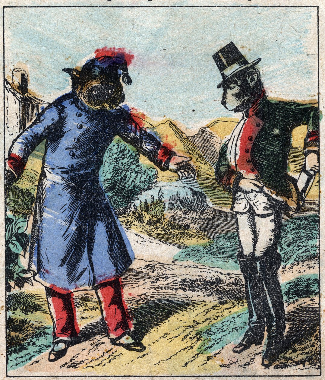 O leão doente e a raposa. Fábulas de Jean de La Fontaine (1621-95). Imagens epinais do final do século XIX. de French School