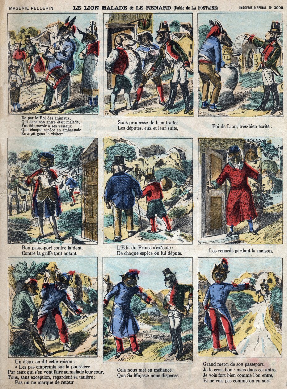 O leão doente e a raposa. Fábulas de Jean de La Fontaine (1621-95). Imagens epinais do final do século XIX. de French School