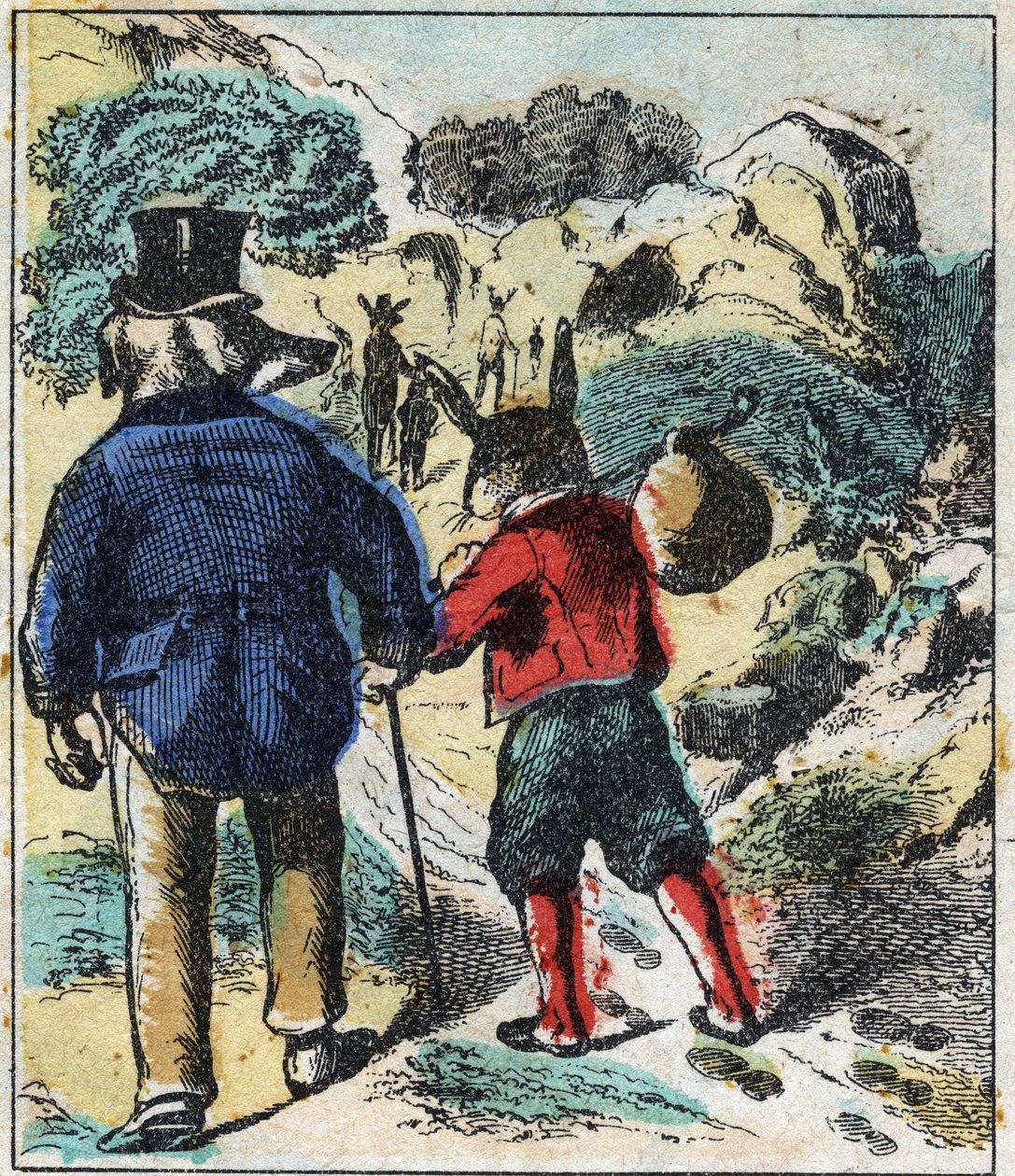 O leão doente e a raposa. Fábulas de Jean de La Fontaine (1621-95). Imagens epinais do final do século XIX. de French School
