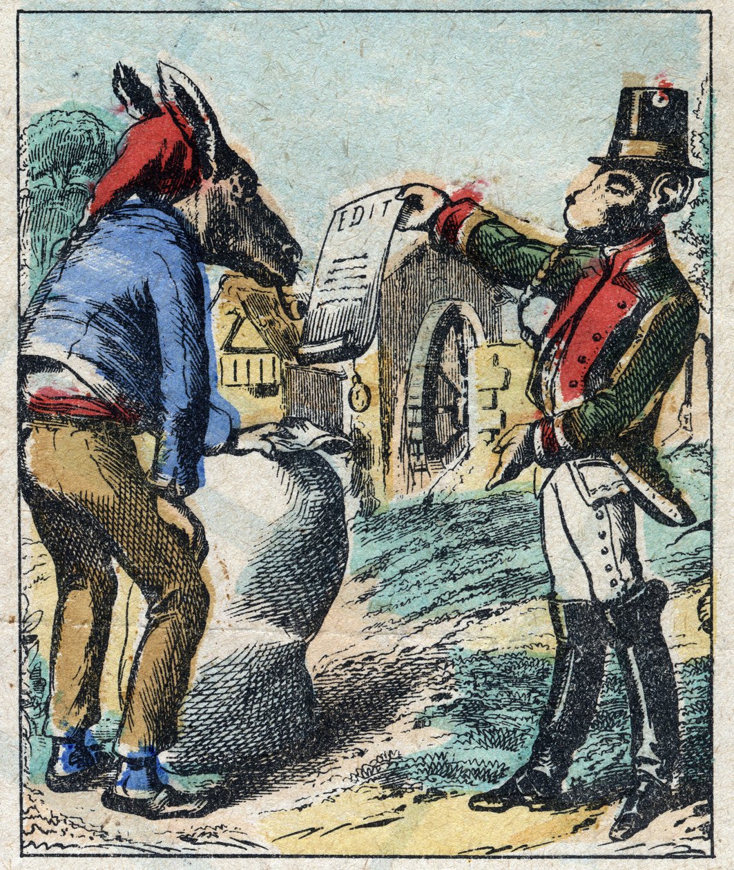 O leão doente e a raposa. Fábulas de Jean de La Fontaine (1621-95). Imagens epinais do final do século XIX. de French School