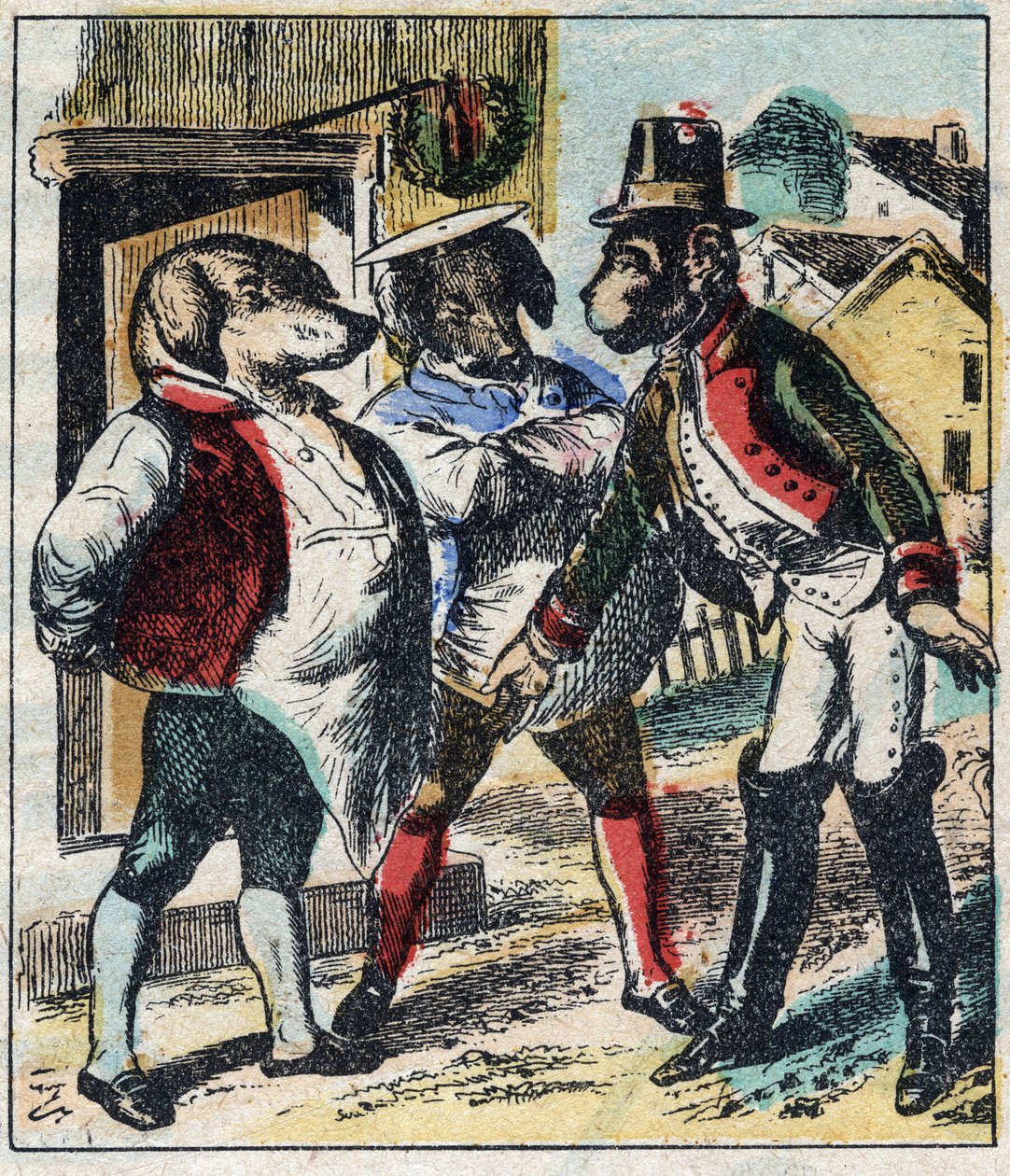 O leão doente e a raposa. Fábulas de Jean de La Fontaine (1621-95). Imagens epinais do final do século XIX. de French School