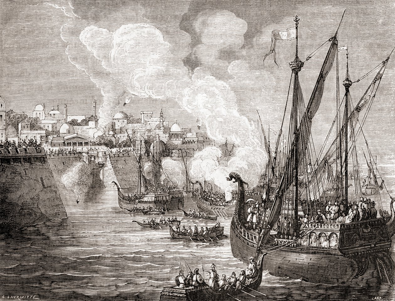 O cerco de Constantinopla em 1453 pelo sultão otomano Mehmed II, de Les Merveilles de la Science, publicado por volta de 1870 (gravura) de French School