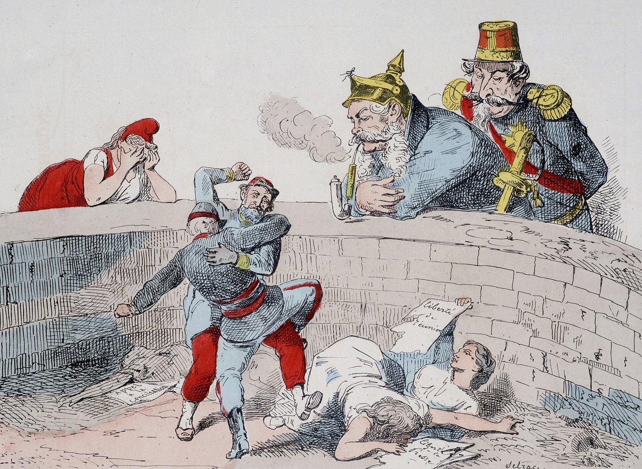 A situação - Gauillaume: Temos de ajudar os loucos, Badingue (Napoleão III): Deixa-os fazer o meu irmão, será altura de intervir quando eles (os parisienses) se tiverem devorado a si próprios. Desenho animado sobre a Comuna. de French School