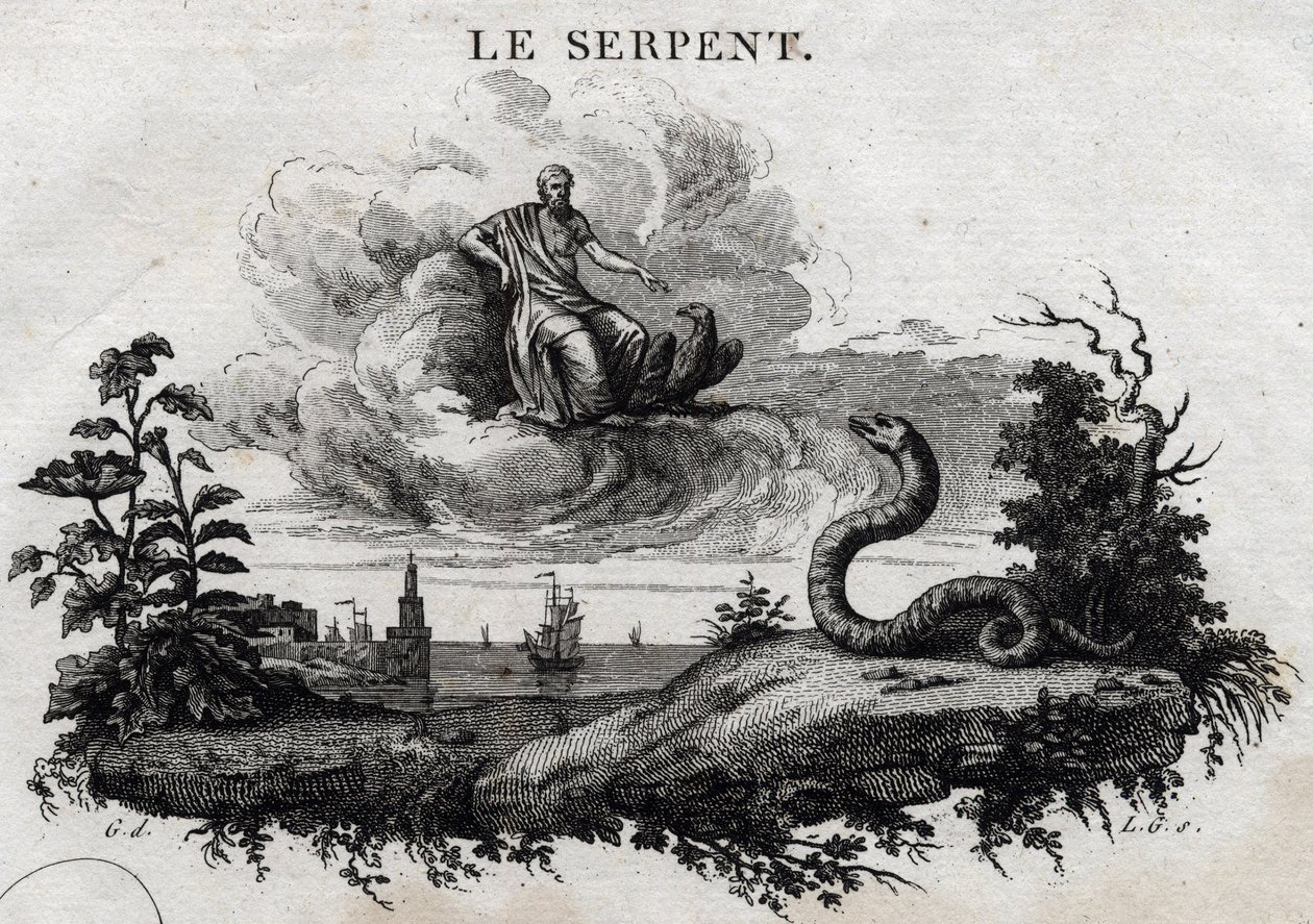 A serpente. A fábula de Esope. (escritor grego Esopo ou Ecopus, século VI a.C.) Escrito por Guillaume Montfort e Gravees por Beauble em 1801. de French School