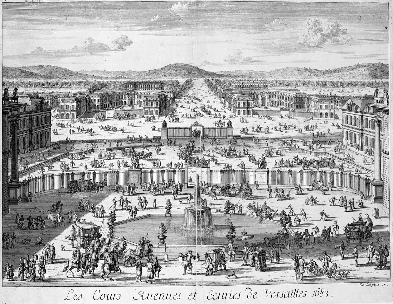 Os estábulos e portões de Versalhes vistos do palácio, 1683 de French School