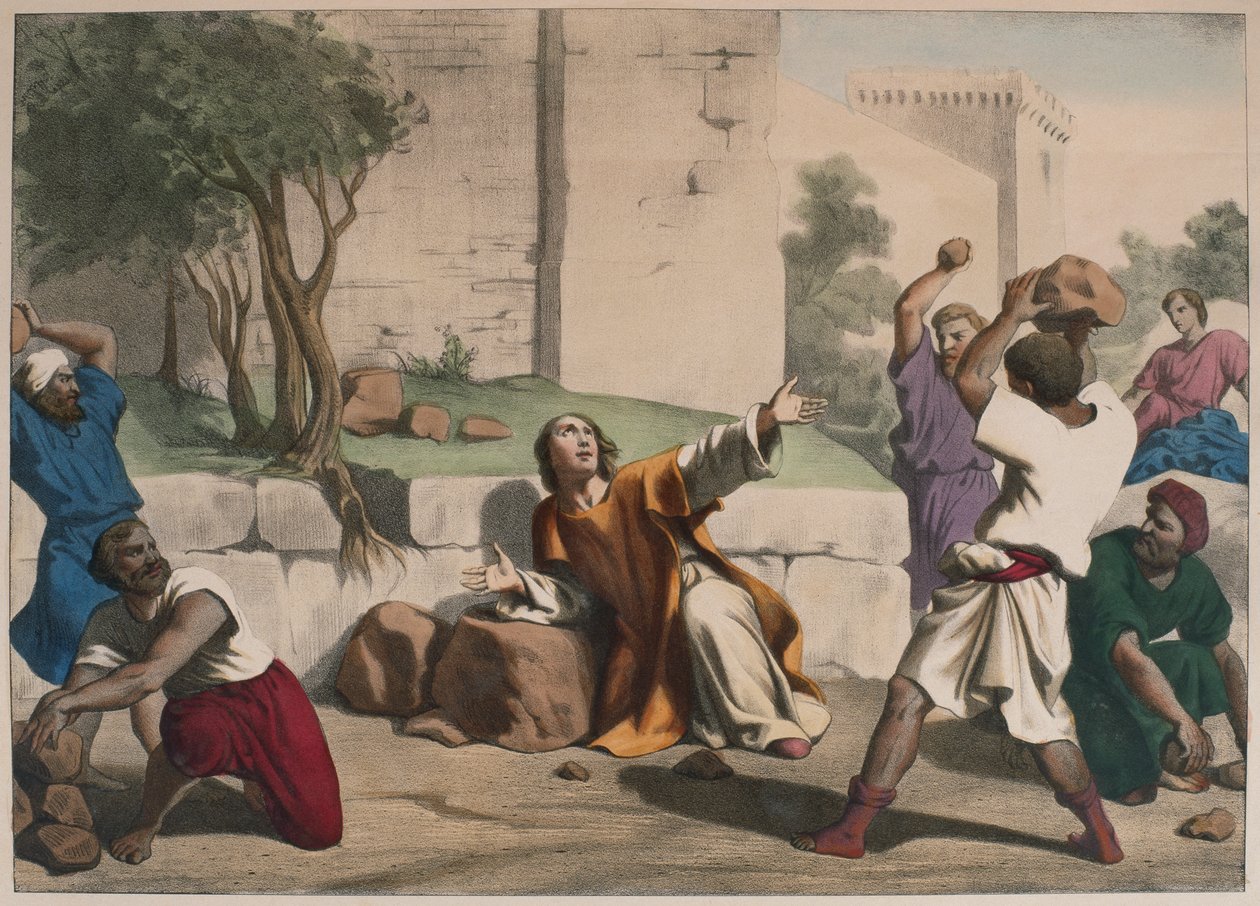 O apedrejamento de Santo Estêvão, ilustração de um catecismo LHistoire Sainte, publicado por Charles Delagrave, Paris, final do século XIX de French School