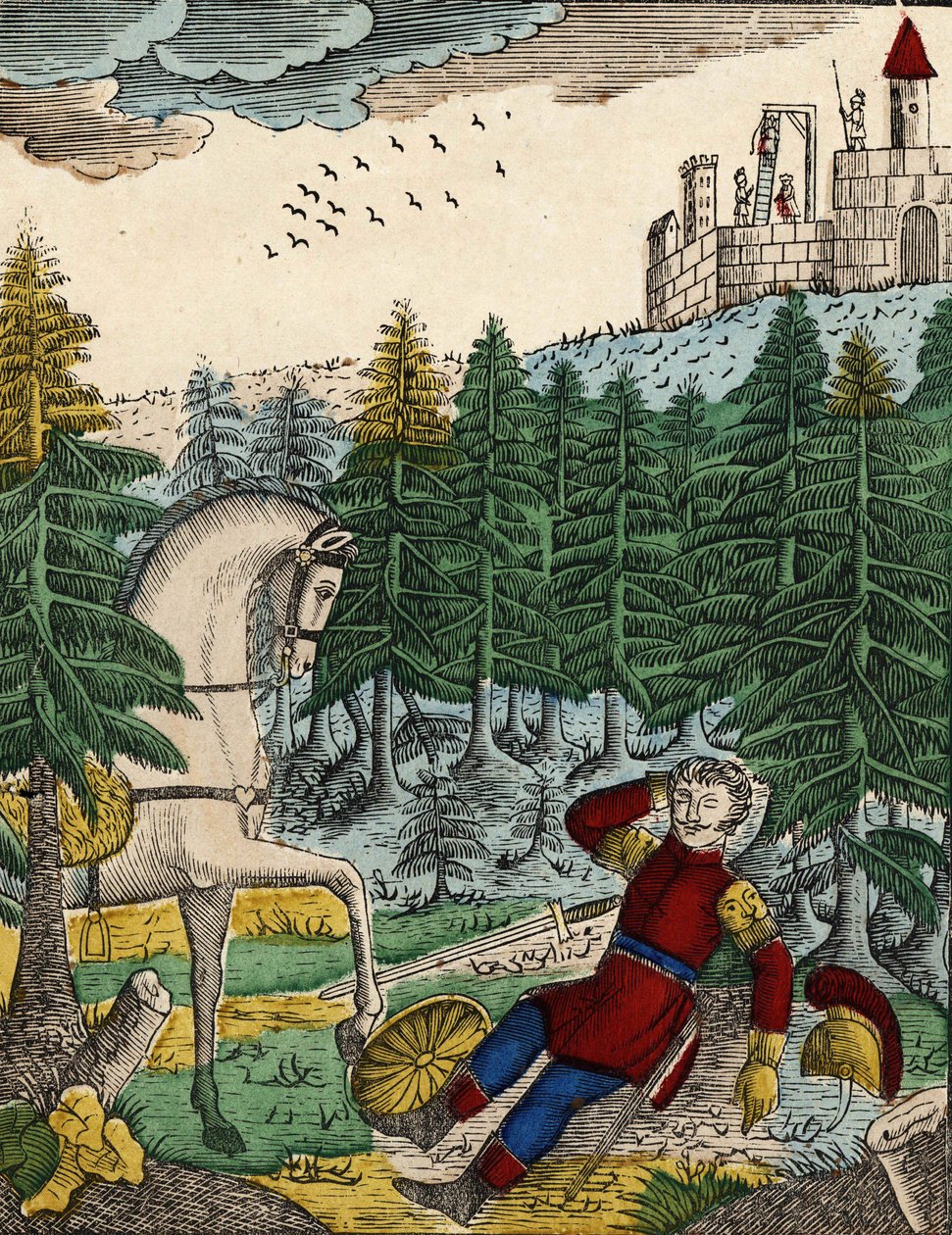 A história dos quatro filhos Aymon; Bayard, ao ouvir o barulho dos soldados que Ripas tinha com ele para enforcar Richard, desperta Regnault ao atacar no seu escudo, imagem de uma espinha dorsal do século XIX. de French School