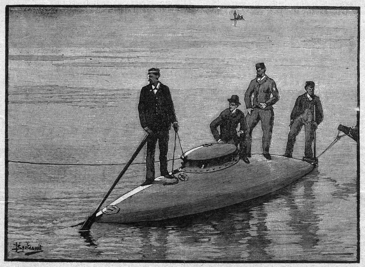 O submarino dançou o "Goubet" vazio, flutuando e carregando quatro homens. Gravação em "La gazette du dimanche" de 28 de Novembro de 1895. de French School