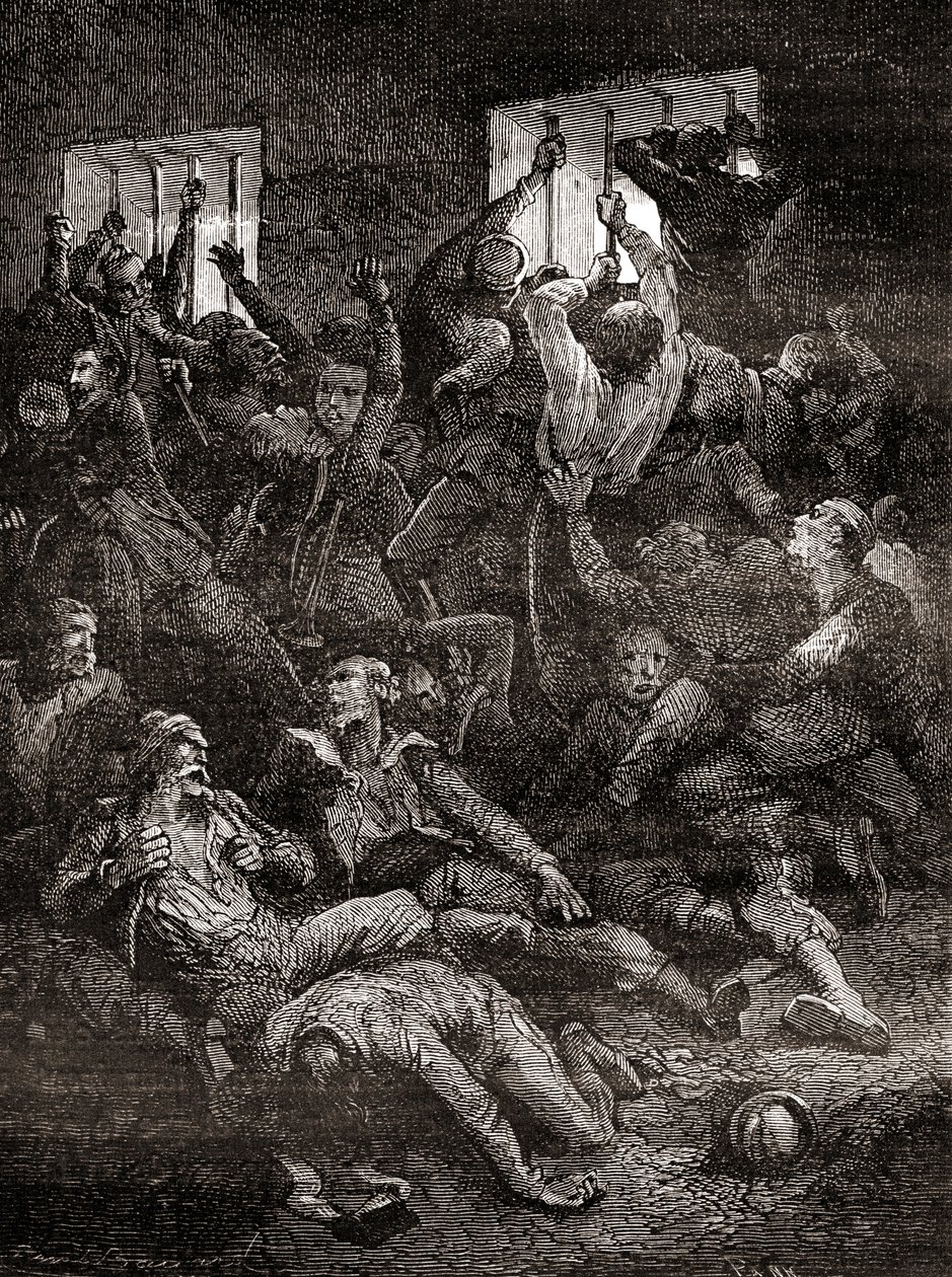 O sofrimento e a morte devido à má ventilação, de prisioneiros ingleses no Buraco Negro de Calcutá, uma pequena masmorra no velho Forte William em Calcutá, Índia, onde tropas do Nawab de Bengala, Siraj ud-Daulah, mantiveram prisioneiros de guerra britânico de French School