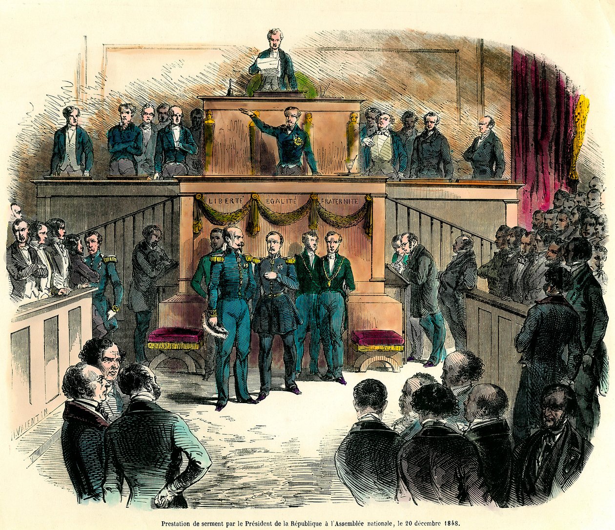 O juramento de Louis Napoleon III (Louis-Napoleon), que foi oficialmente proclamado Presidente da República, na Assembleia Nacional a 20 de Dezembro de 1848. Ele promete "permanecer fiel à única e indivisível República Democrática e cumprir todas as de French School