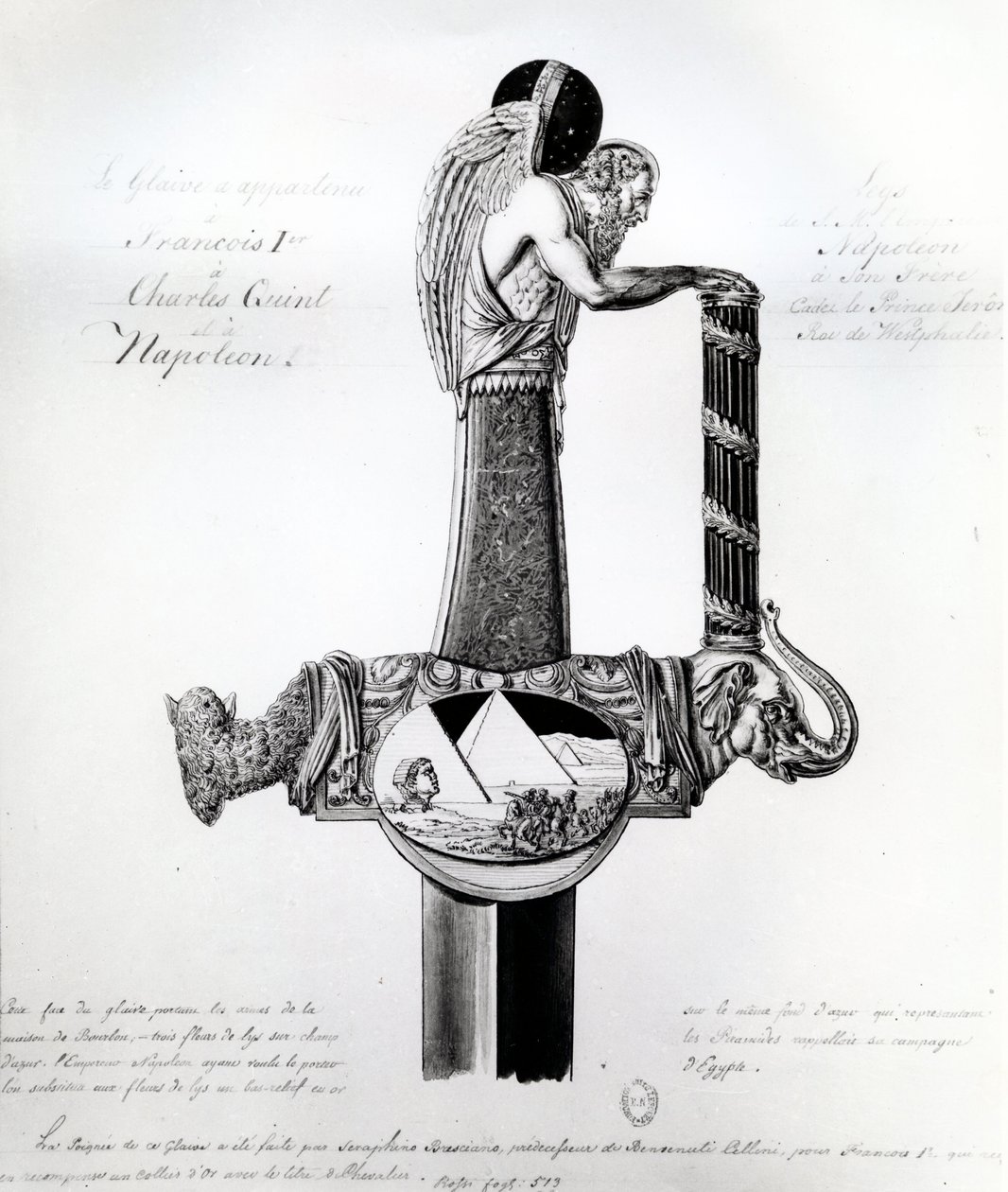A espada de propriedade de Francisco I da França, Carlos V, Sacro Imperador Romano e Napoleão Bonaparte com motivo representando a campanha de Napoleão no Egito de French School