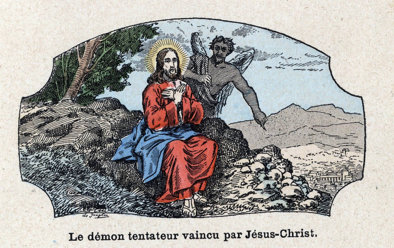 O demónio tentador derrotado por Jesus Cristo. Jesus Cristo conduzido pelo espírito ao deserto, foi tentado pelo demônio. Em "Tout l