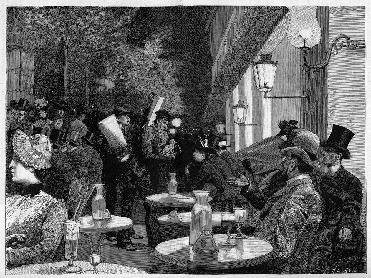 O terraço de um café da Boulevard à meia-noite em Paris. Gravura no "The Illustrous World" (O Mundo Ilustrado) de French School