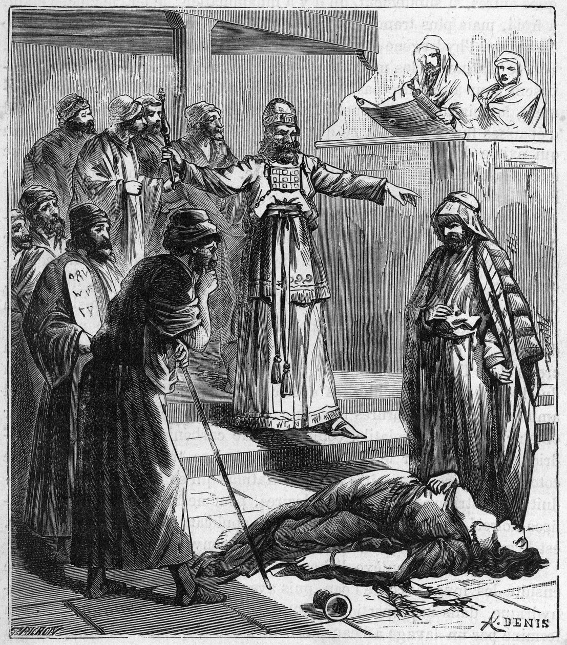 O teste das águas amargas - Nos judeus da antiguidade, o padre fazia a mulher ser suspeita de adúltera beber "águas amargas", o que a fazia inchar a barriga se tivesse sido infiel - Gravura em "Ciências disponíveis para todos - física e química populares de French School