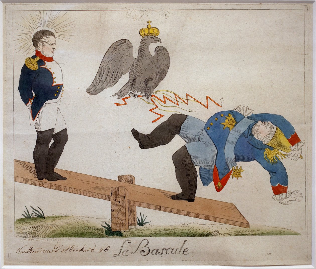 A alternância. Retrato de Napoleão Bonaparte (1769-1821) de pé sobre um balancim, vendo o seu inimigo cair, explodido por uma coroa de águia. Desenho animado. Eau forte, início do século XIX, França. Museu Napoleônico, Antibes. de French School