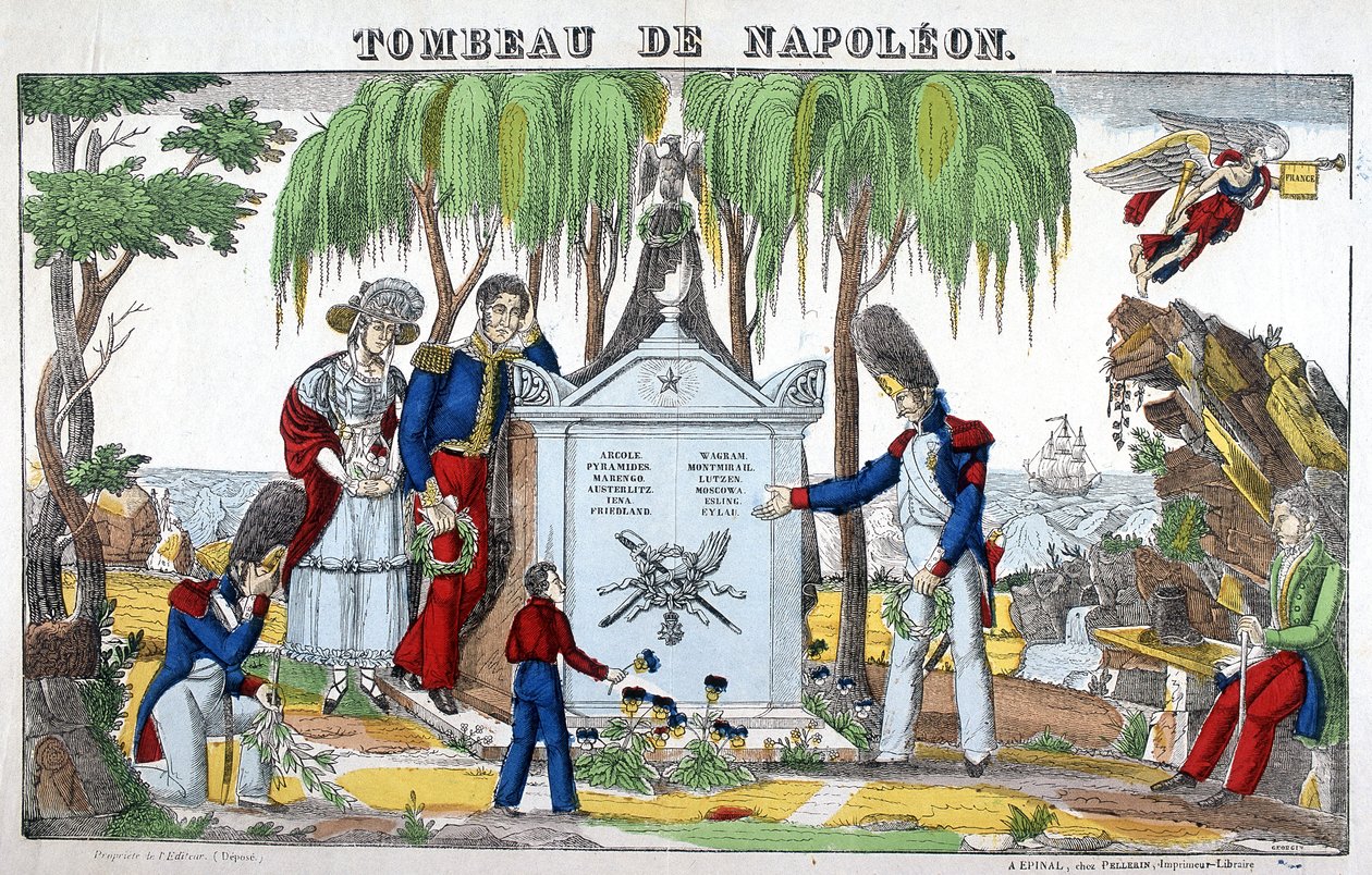 O túmulo de Napoleão Bonaparte, na ilha de Santa Helena. Imagem de Epinal de French School