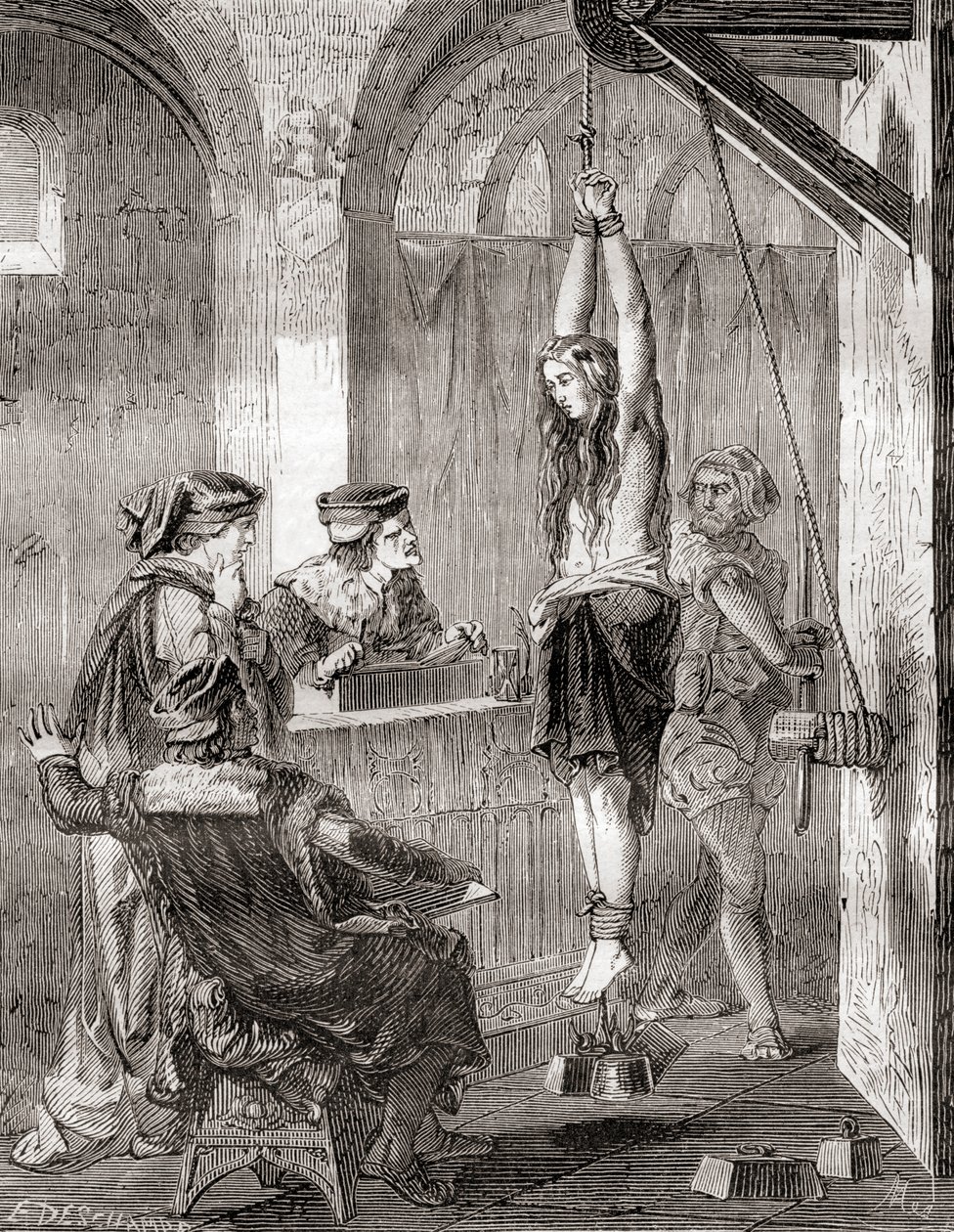 A tortura de uma mulher acusada de bruxaria na Idade Média, de Les Merveilles de la Science, publicado c.1870 (litho) de French School