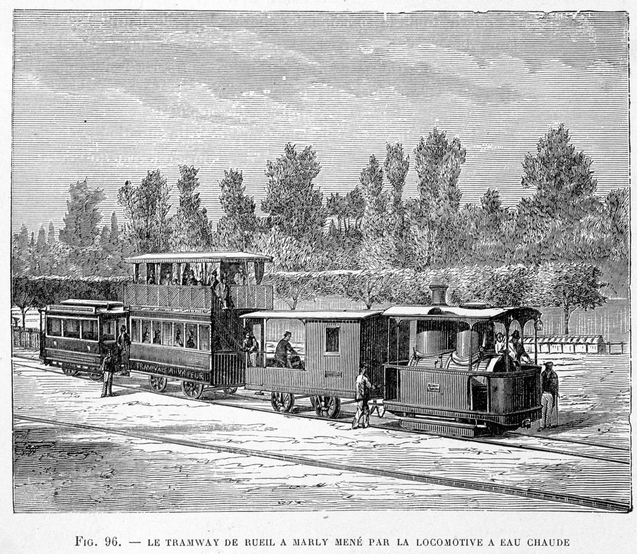 O eléctrico de Rueil a Marly, conduzido pela locomotiva de água quente - em "As novas conquistas da ciência" de Louis Figuier de French School