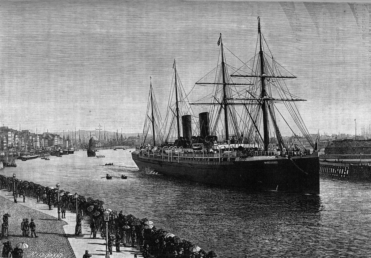 O transatlântico "La Gascogne" no porto de Le Havre, em 1887. Gravura na ilustre revista "La jeunesse". de French School