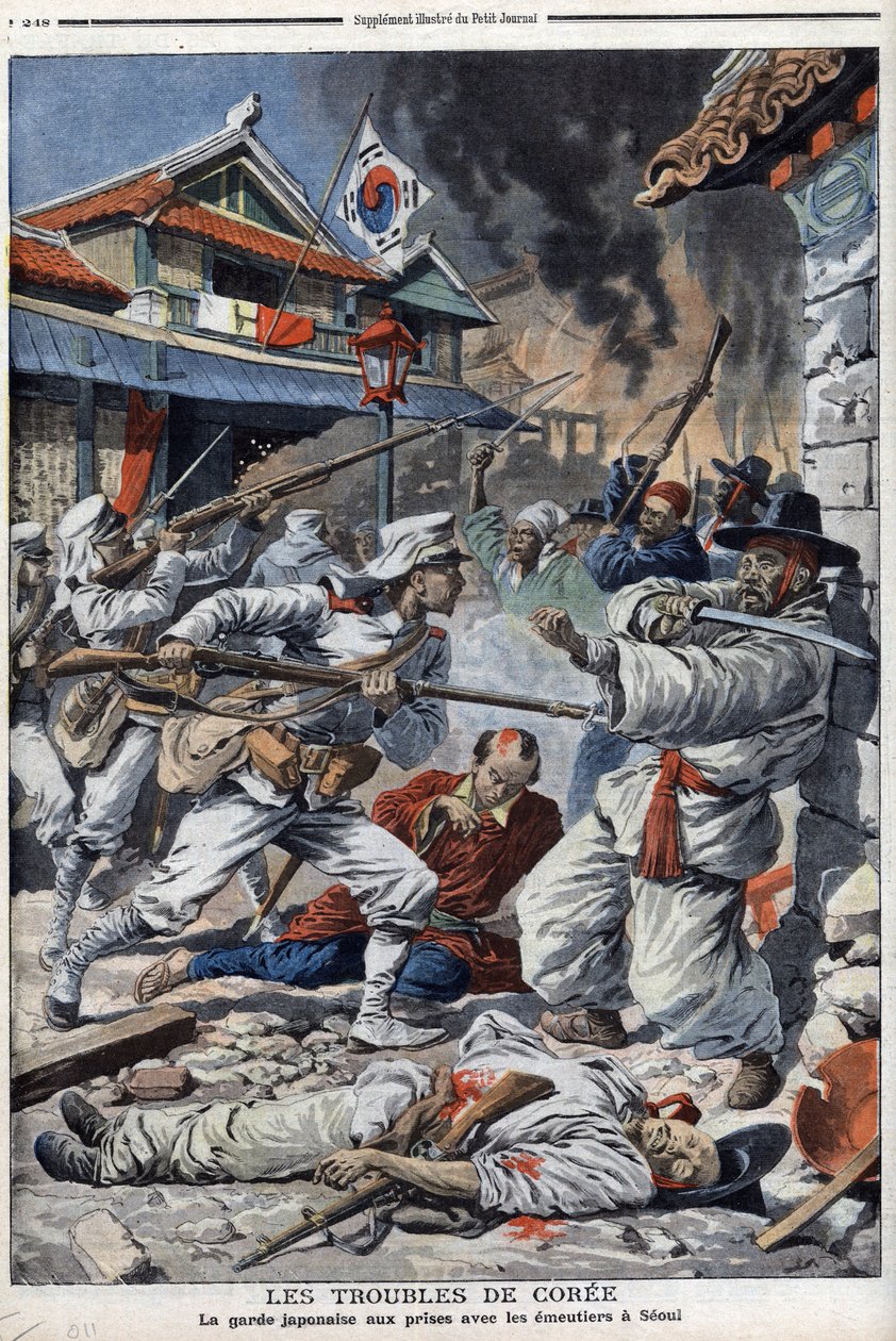 Os problemas da Coréia, a guarda japonesa que luta com os emulistas em Seul, mecenas da abdicação de Yi-Yeung - "Le Petit Journal" de 4 de agosto de French School