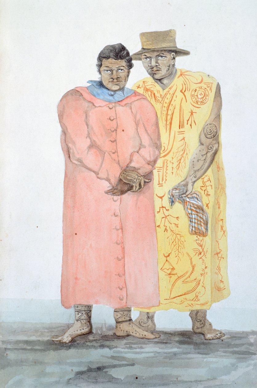 Os dois reis de Bora Bora, Ilustração da Viagem de Louis I Duperrey, de LF Lejeune, pintura a aguarela de French School