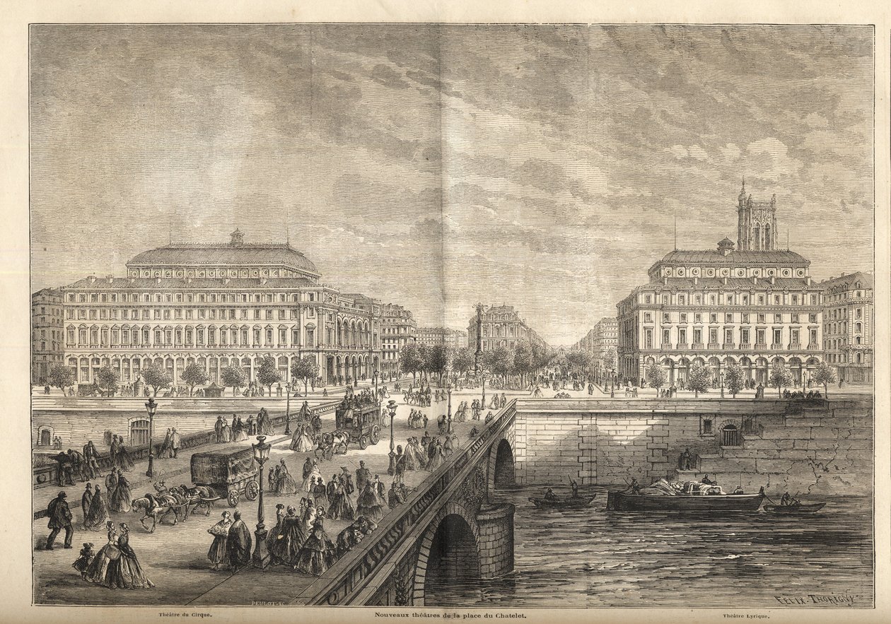 Os dois novos teatros da Place du Chatelet em Paris em 1862 - Egraving from 