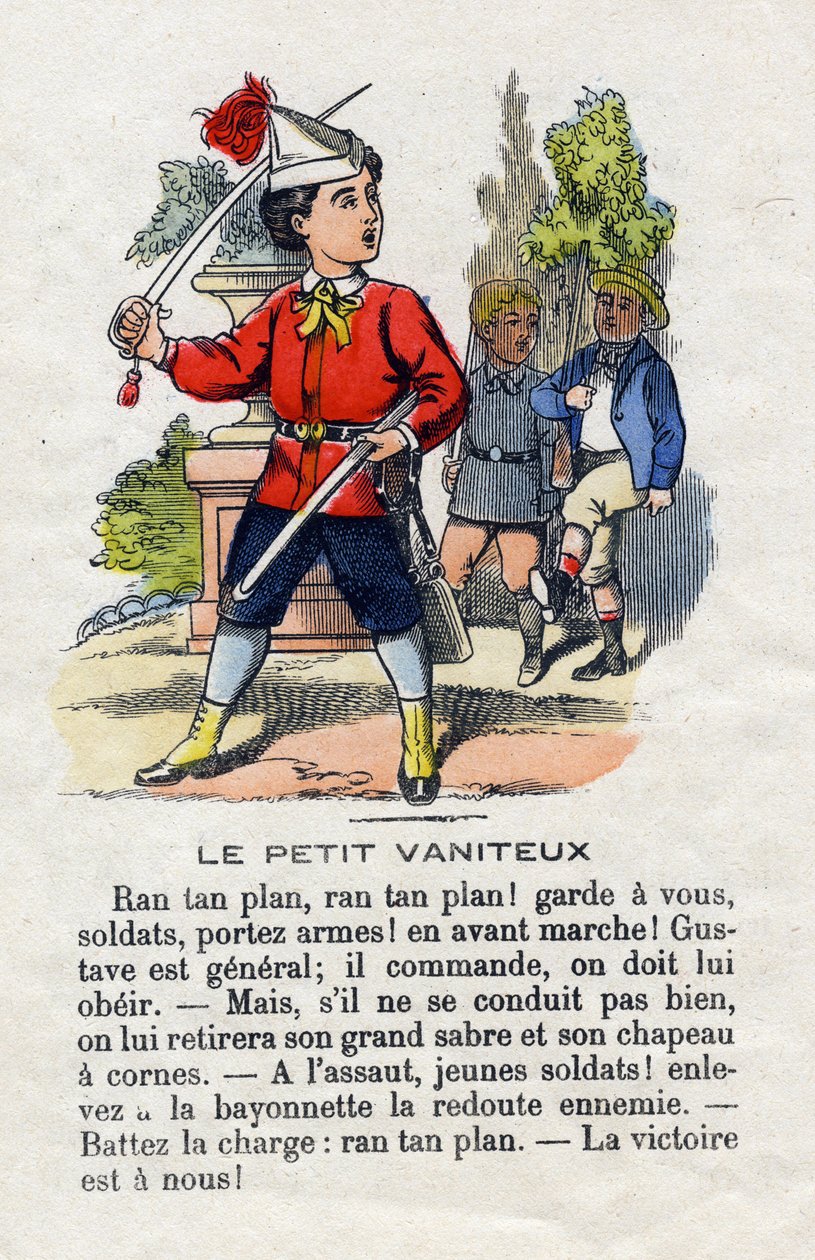 O pequeno vaidoso. A criança não gosta em geral e dá ordens aos seus camaradas. O alfabeto dos meninos pequenos. O abecedário tem valor moral contendo exercícios de leitura. Imagens epinais do final do século XIX. de French School