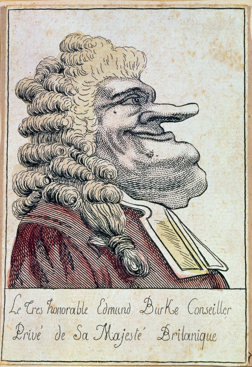 O honorável Edmund Burke, conselheiro particular de Sua Majestade, o rei britânico, caricatura francesa, c.1790 de French School