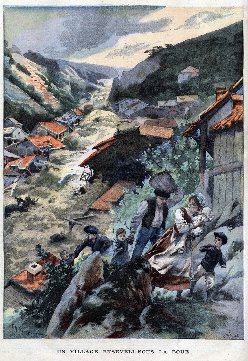 A aldeia de Saint-Ours perto de Barcellonnette, nos Alpes, enterrada debaixo da lama - em "Le Petit Parisien". de French School