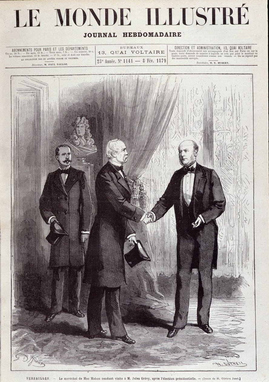 A visita de Marechal Patrice de Mac Mahon (Mac-Mahon) (1808-1893) ao Presidente Jules Grevy (1807-1891). Em "Le Monde illustrious", fevereiro de 1879. de French School